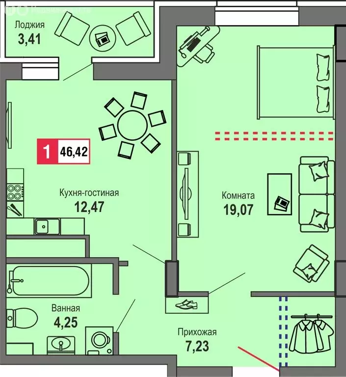 1-комнатная квартира: Тверь, Оснабрюкская улица, 22к1 (46.42 м) - Фото 1