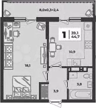 1-к. квартира, 39,1 м, 7/9 эт. - Фото 1