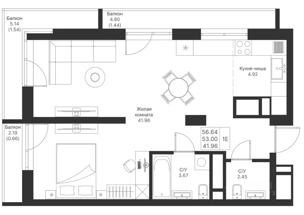1-к кв. Татарстан, Казань Мой Ритм жилой комплекс, ПК14 (56.64 м) - Фото 1