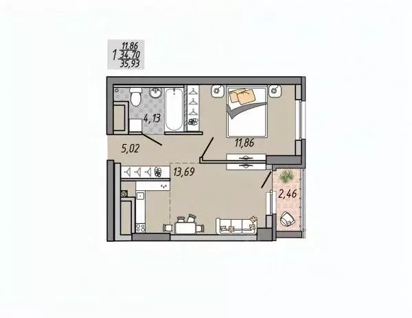 1-к кв. Свердловская область, Екатеринбург ул. Печатников (35.93 м) - Фото 1