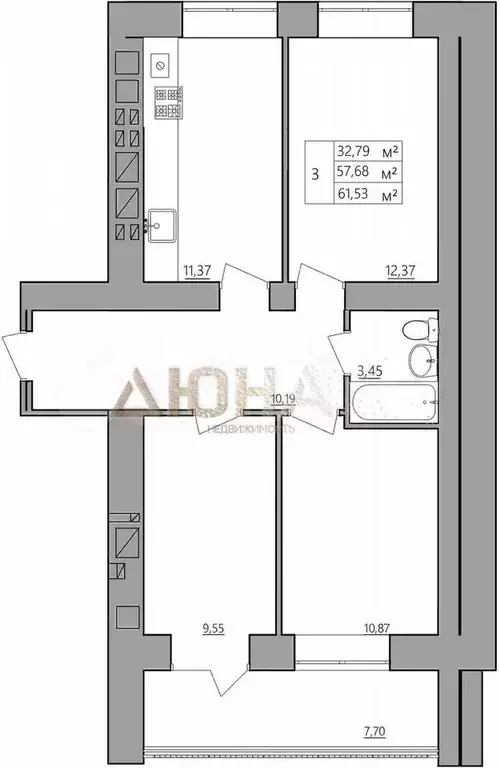 3-к. квартира, 61,5 м, 6/9 эт. - Фото 1