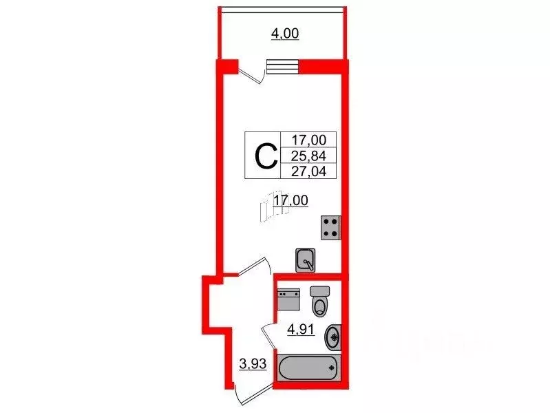 Студия Санкт-Петербург ул. Орджоникидзе, 58к1 (26.0 м) - Фото 1