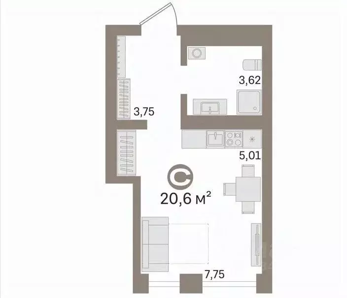 Студия Тюменская область, Тюмень ул. Газовиков, 38к2 (20.6 м) - Фото 2