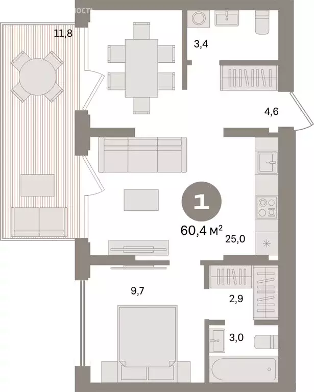 1-комнатная квартира: Екатеринбург, улица Академика Ландау, 7 (60.44 ... - Фото 1