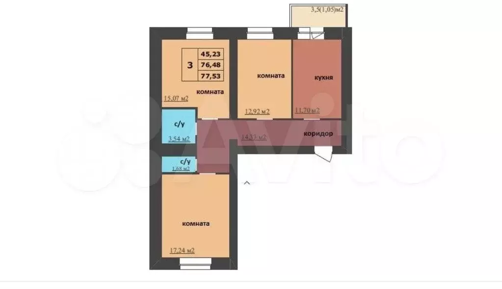 3-к. квартира, 77,5 м, 12/16 эт. - Фото 1