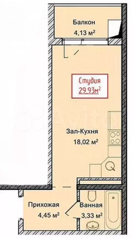 Квартира-студия, 29,9 м, 9/13 эт. - Фото 1