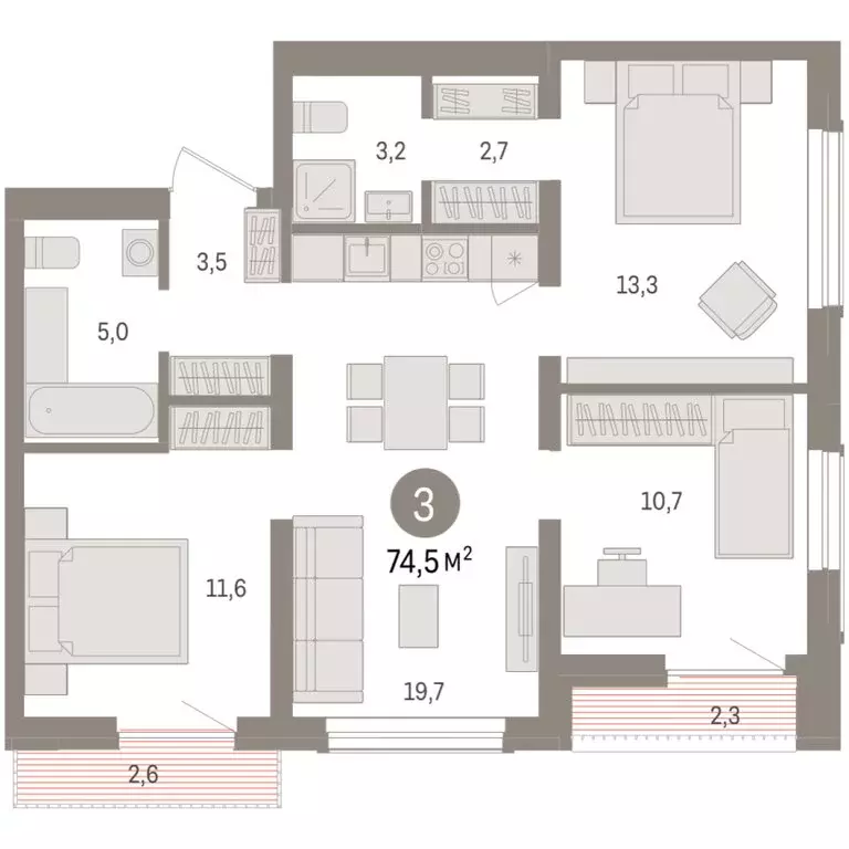 3-комнатная квартира: Новосибирск, улица Аэропорт (74.54 м) - Фото 1