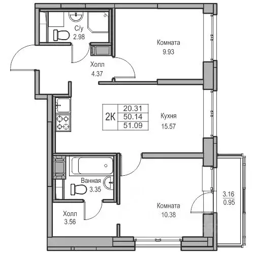 2-к кв. санкт-петербург ул. ивинская, 1к2 (50.14 м) - Фото 0