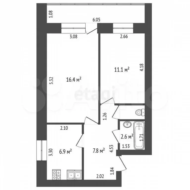 2-к. квартира, 46,1 м, 1/5 эт. - Фото 0