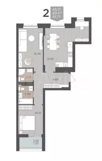 2-к. квартира, 65,2 м, 8/9 эт. - Фото 1