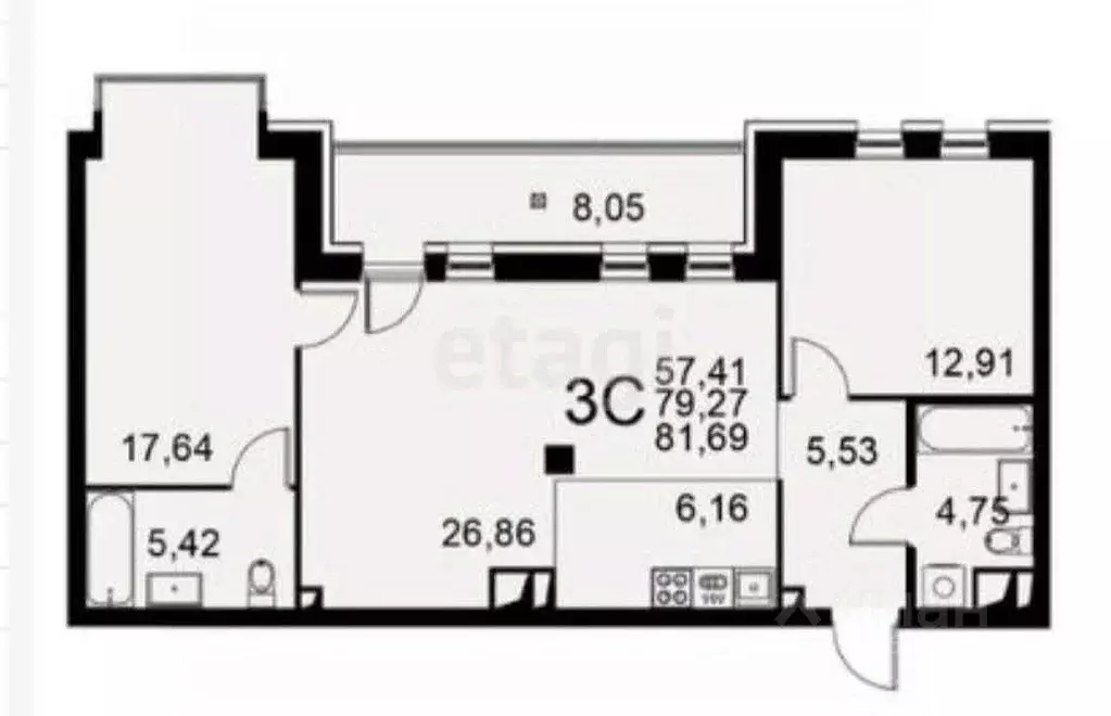 3-к кв. Тульская область, Тула Хлебная пл. (81.6 м) - Фото 1