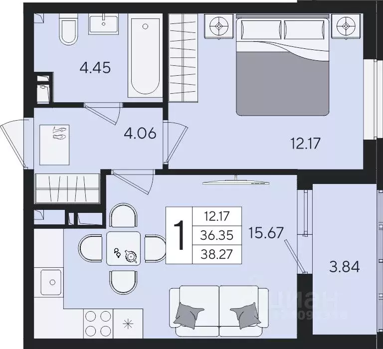1-к кв. Краснодарский край, Краснодар  (38.27 м) - Фото 2