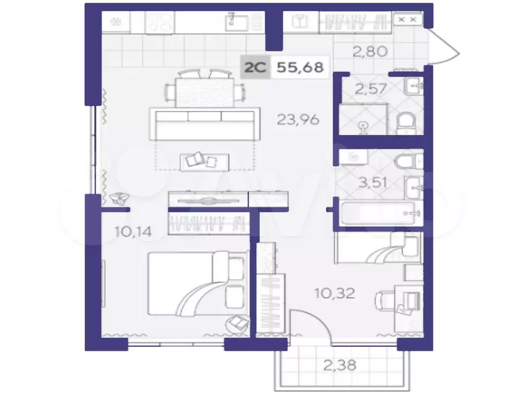 2-к. квартира, 55,7 м, 2/4 эт. - Фото 1