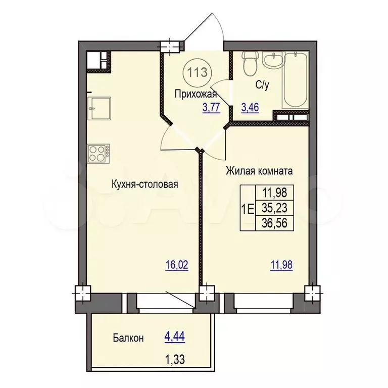1-к. квартира, 36,6 м, 6/9 эт. - Фото 0