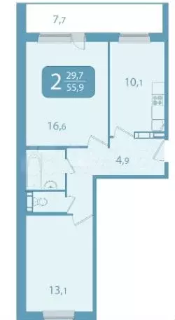 2-к. квартира, 56 м, 9/10 эт. - Фото 0