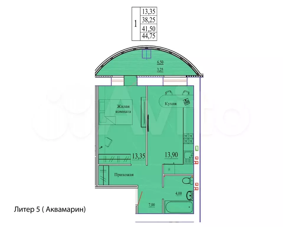 1-к. квартира, 44,8 м, 5/9 эт. - Фото 0