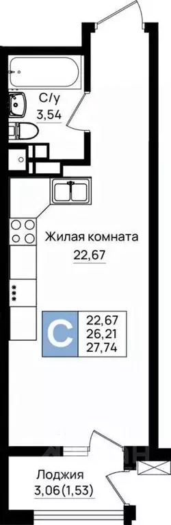 Студия Краснодарский край, Новороссийск Волгоградская ул., 2 (27.74 м) - Фото 1
