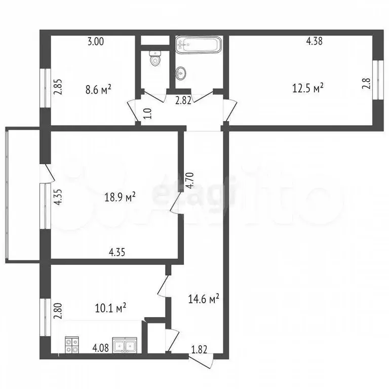 3-к. квартира, 69,1 м, 5/9 эт. - Фото 0