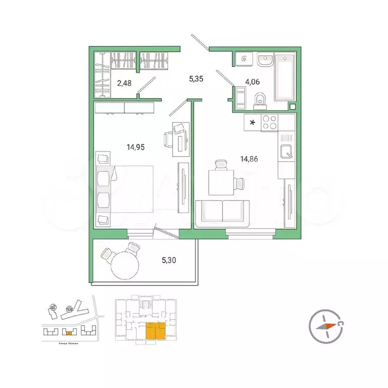 1-к. квартира, 43,4 м, 9/9 эт. - Фото 0