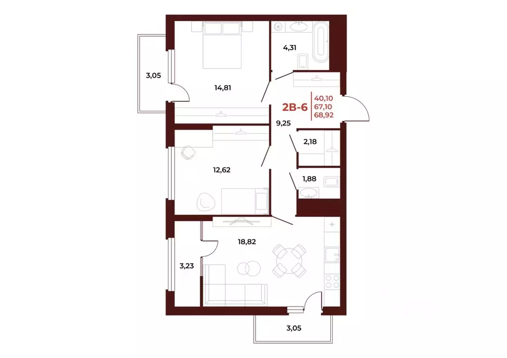 2-к кв. Пензенская область, Пенза Арбери жилой комплекс (68.92 м) - Фото 1