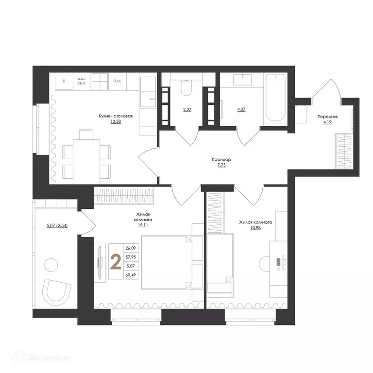 Продаётся 2-к квартира, 60.49 м - Фото 0