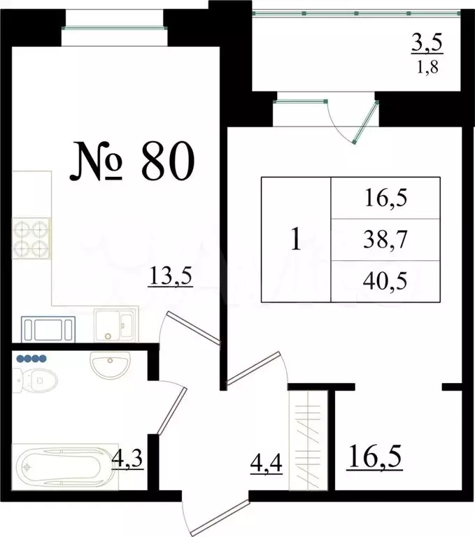 1-к. квартира, 40,5 м, 2/8 эт. - Фото 0