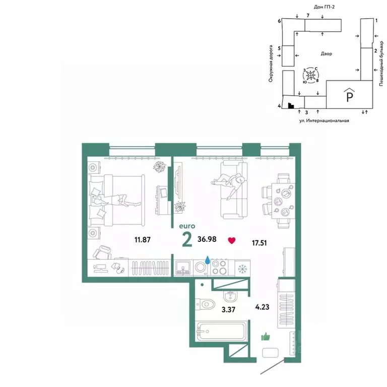 2-к кв. Тюменская область, Тюмень Интернациональная ул., 199к9 (36.98 ... - Фото 1