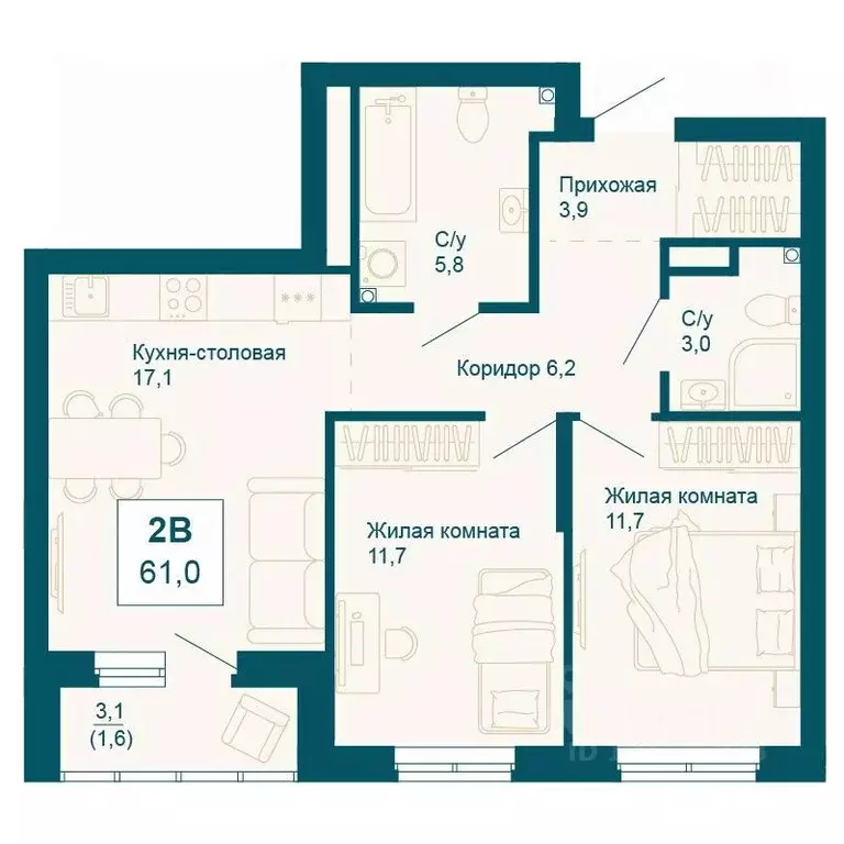 2-к кв. Свердловская область, Екатеринбург ул. 8 Марта, 197 (61.0 м) - Фото 0