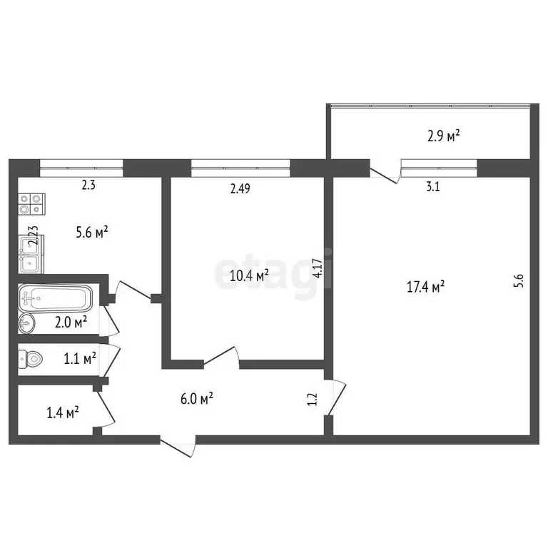 Квартира, 2 комнаты, 43.9 м - Фото 1