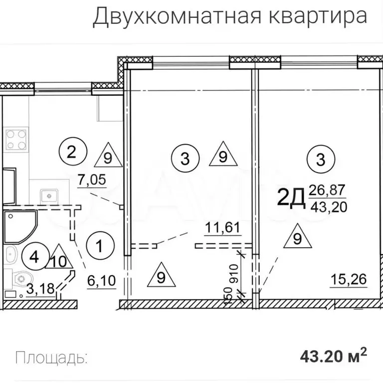 2-к. квартира, 43,2 м, 1/4 эт. - Фото 0