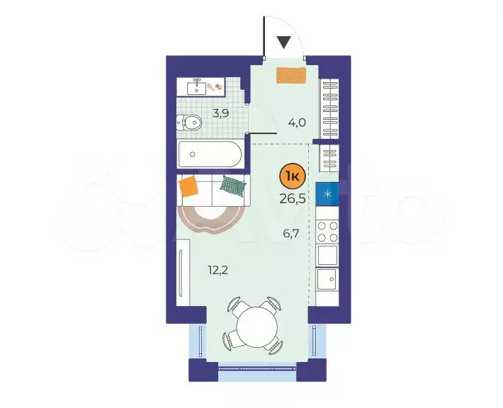 Квартира-студия, 26,5 м, 2/19 эт. - Фото 0