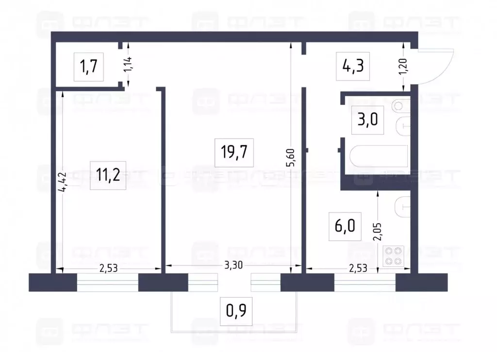 2-к кв. Татарстан, Казань ул. Ахтямова, 32 (46.8 м) - Фото 2