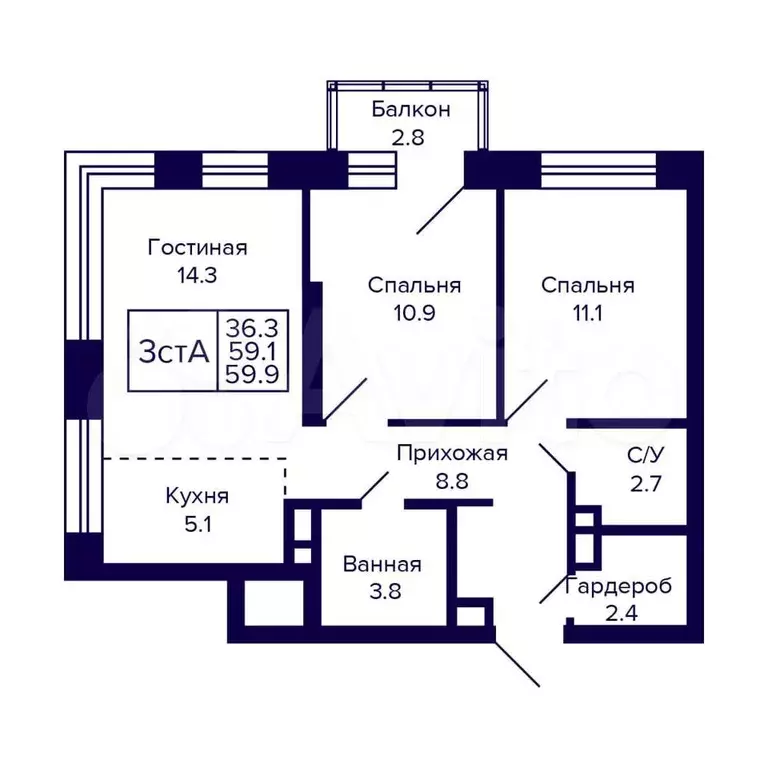 3-к. квартира, 59,9 м, 17/23 эт. - Фото 0