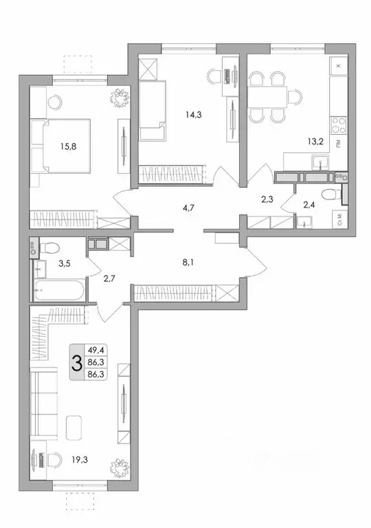 3-к кв. Воронежская область, Воронеж ул. Шишкова, 140Б/16 (86.3 м) - Фото 0