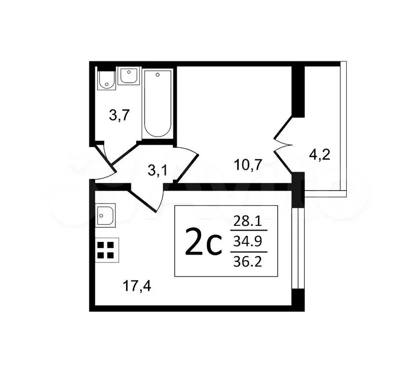 2-к. квартира, 36,2 м, 14/17 эт. - Фото 1