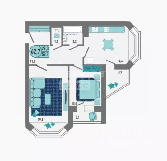 2-к кв. Липецкая область, Липецк Минская ул. (62.7 м) - Фото 1