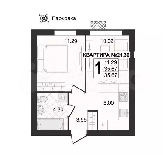 1-к. квартира, 35,7 м, 4/4 эт. - Фото 0