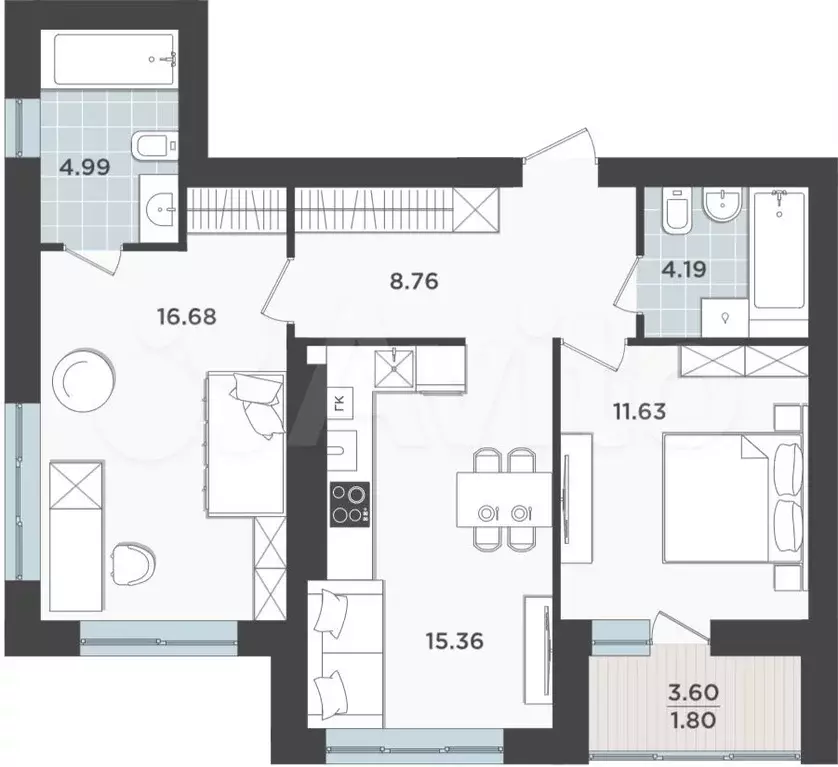 2-к. квартира, 63,4 м, 2/9 эт. - Фото 1