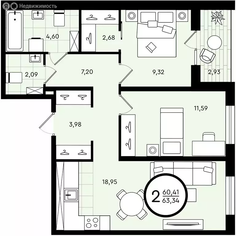 2-комнатная квартира: Тюмень, улица Александра Звягина, 6 (63.34 м) - Фото 0