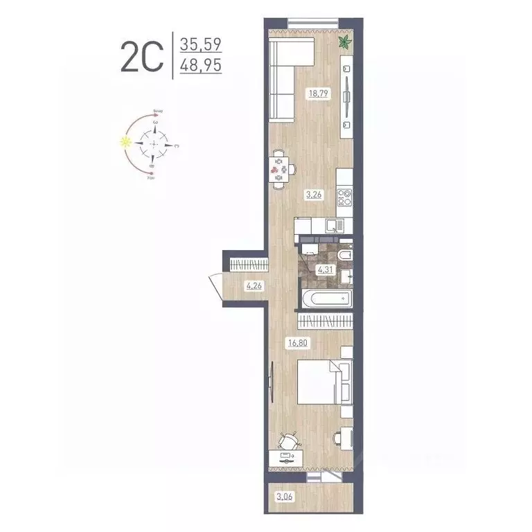 2-к кв. Новосибирская область, Новосибирск ул. Забалуева, 69 (48.95 м) - Фото 0