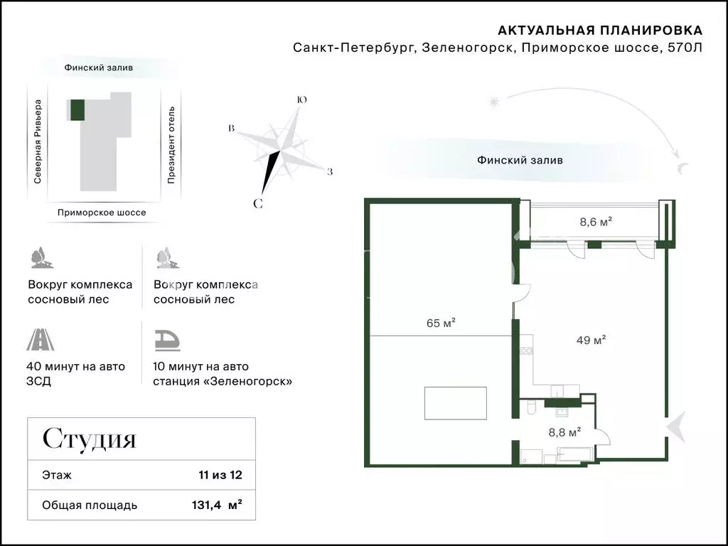 Квартира-студия: Зеленогорск, Приморское шоссе, 570Л (131.4 м) - Фото 1