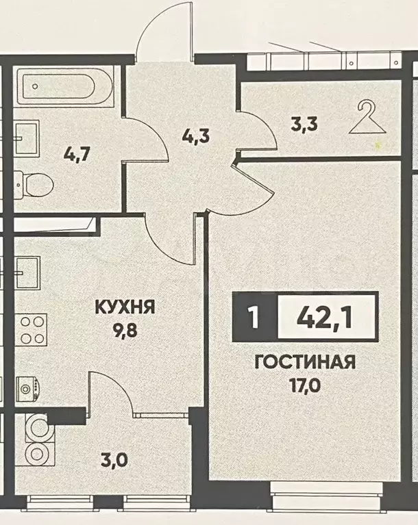 1-к. квартира, 42 м, 16/24 эт. - Фото 0