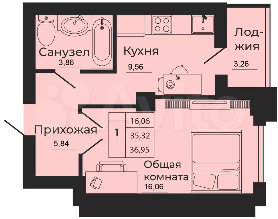 1-к. квартира, 37 м, 20/24 эт. - Фото 1