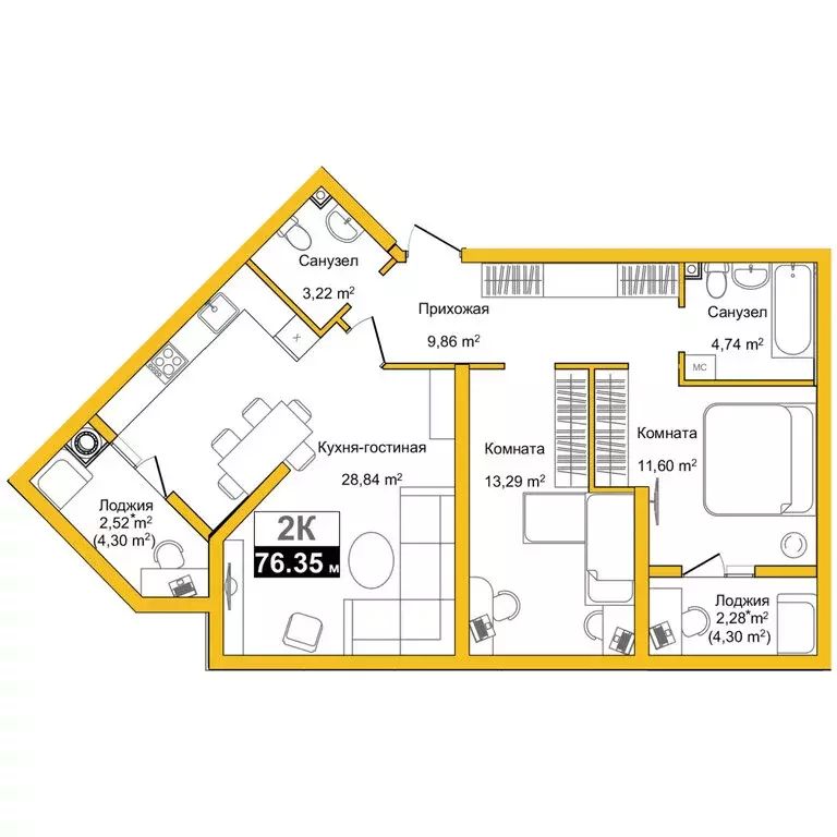 2-комнатная квартира: Симферополь, улица Батурина, 177к2 (71.9 м) - Фото 1