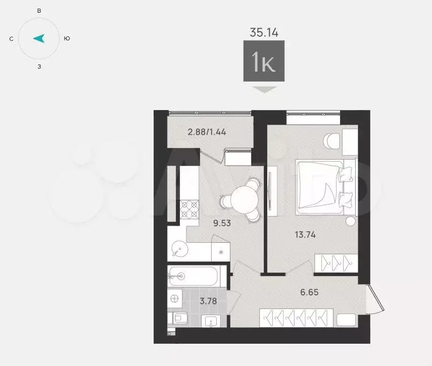 1-к. квартира, 35,1 м, 5/9 эт. - Фото 1