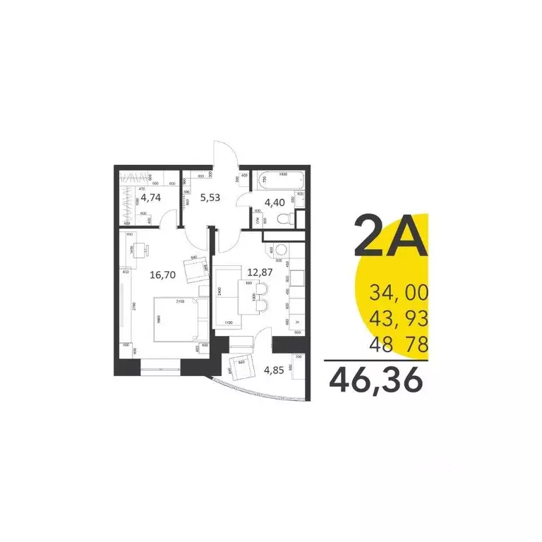 Квартира, 1 комната, 45.81 м - Фото 1