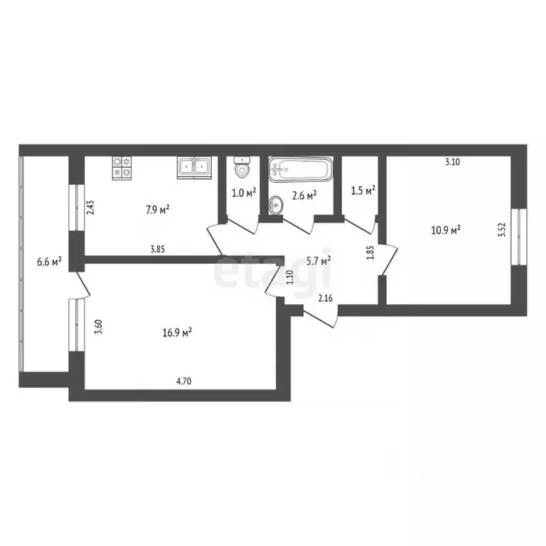 2-к кв. Хабаровский край, Комсомольск-на-Амуре ул. Гагарина, 22 (46.5 ... - Фото 2