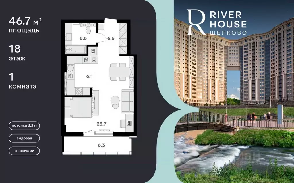 Студия Московская область, Щелково Советская ул., 60 (46.7 м) - Фото 1