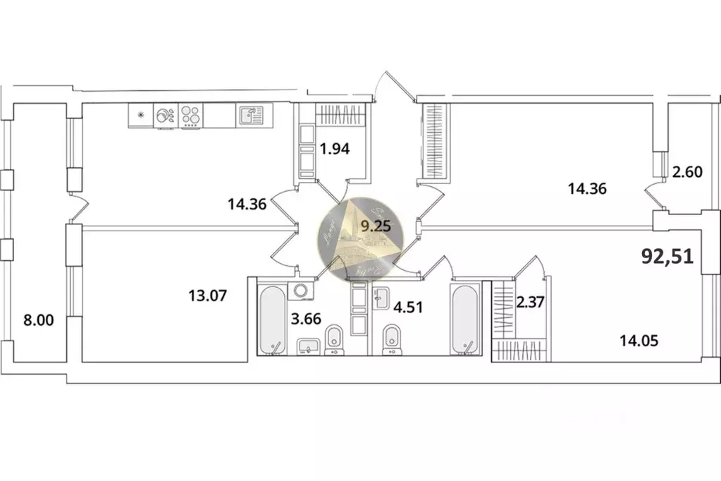 3-к кв. Санкт-Петербург Кубинская ул., 82к3с1 (92.51 м) - Фото 2