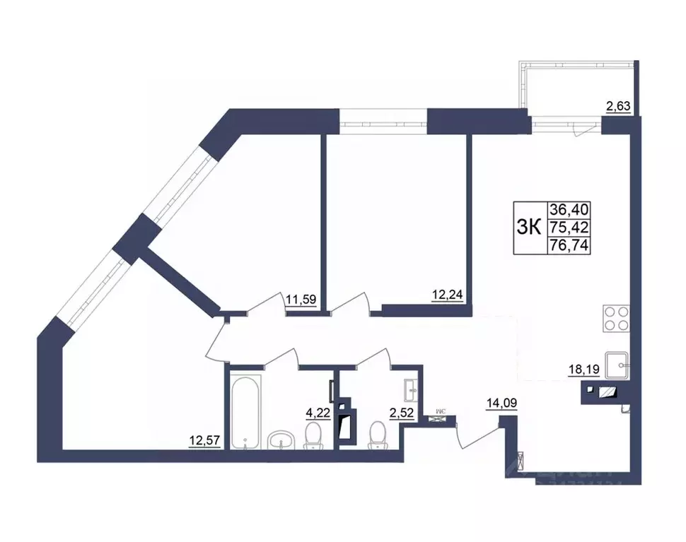 3-к кв. Башкортостан, Уфа Космос жилой комплекс, лит1 (76.74 м) - Фото 1